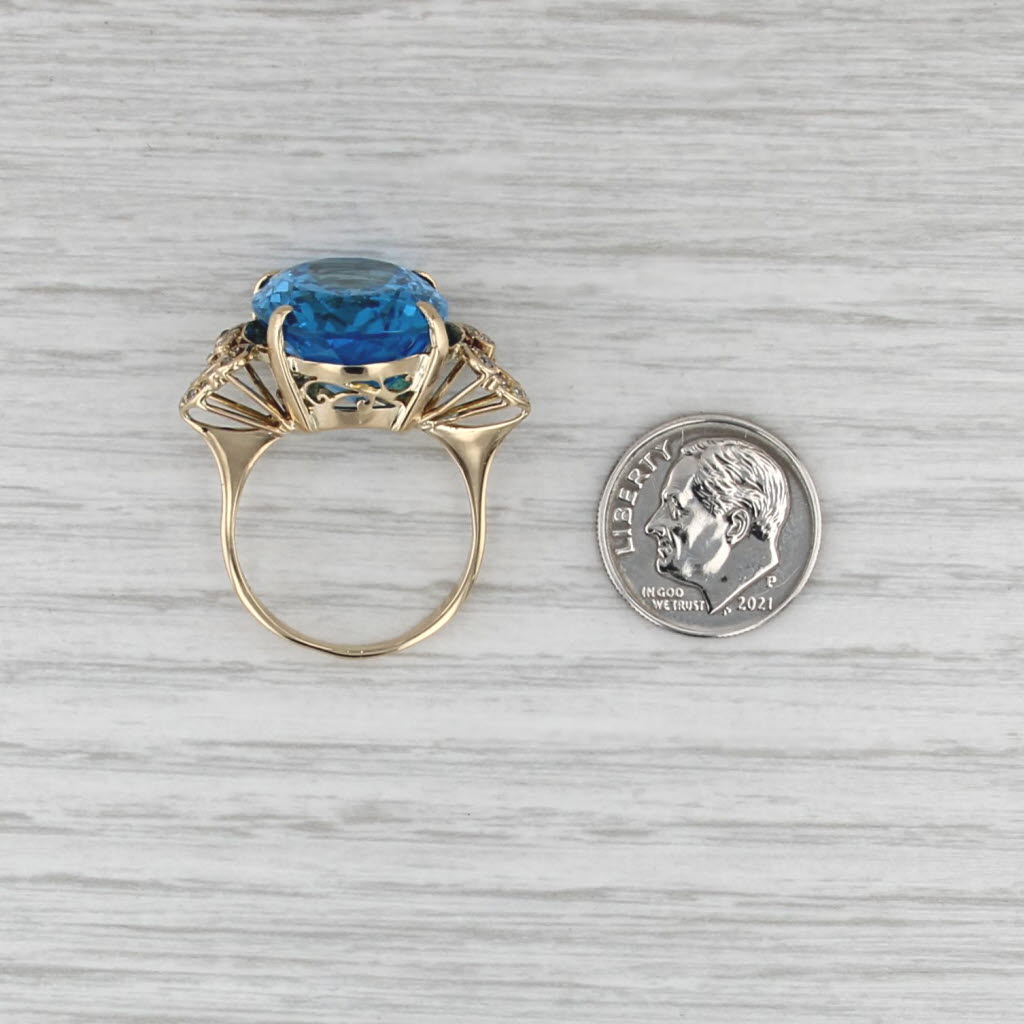 22.66ctw Oval Blue Topaz Diamond Cocktail Ring 14k Yellow Gold Size 8.75