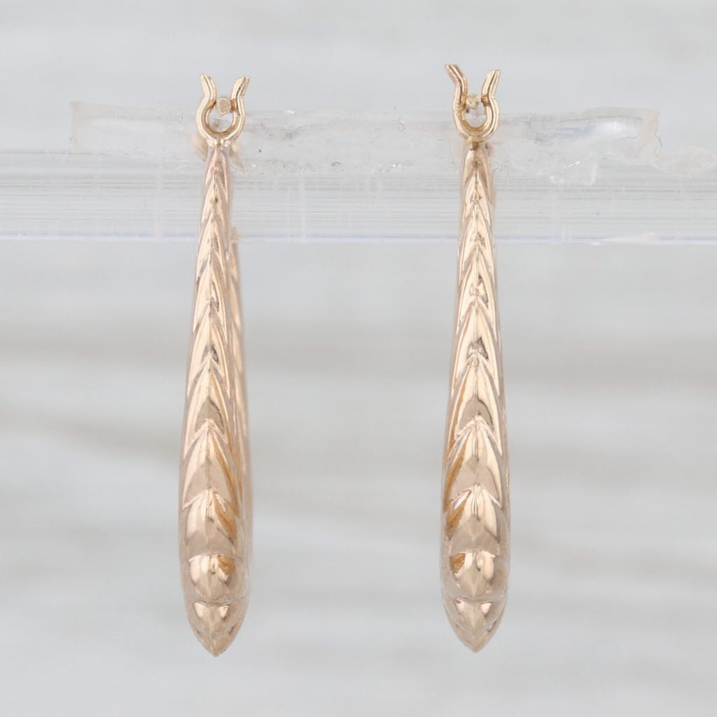 Wheat Etched Hoop Earrings Beveled 14k Yellow Gold Snap Top Hoops