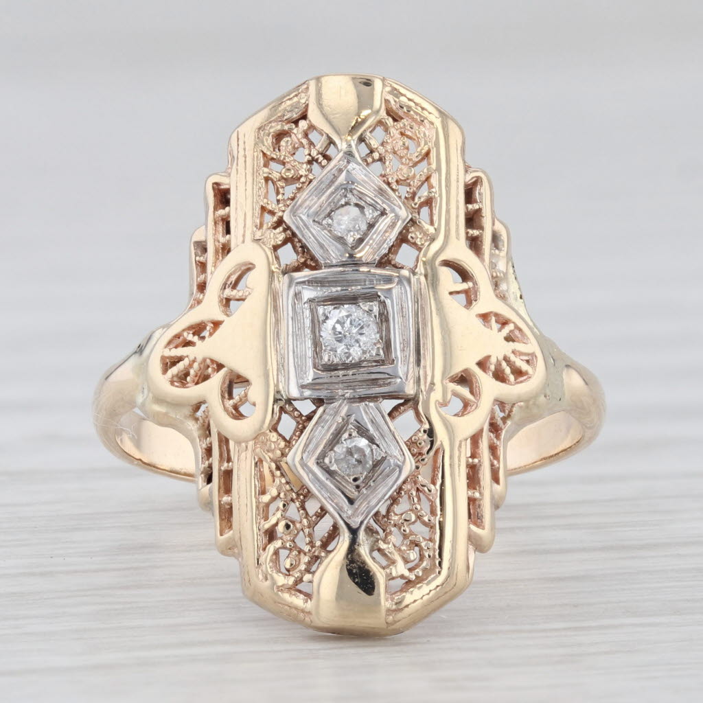 Light Gray Vintage Diamond Filigree Ring 10k Gold Size 7.25 Art Deco