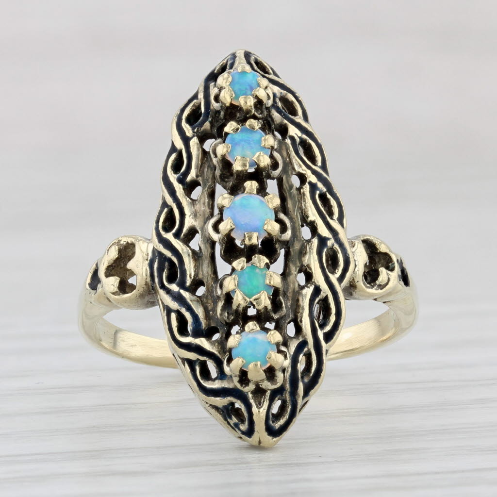 Light Gray Vintage Blue Opal Ring 13k Yellow Gold Size 9 Marquise Shape Round Cabochons