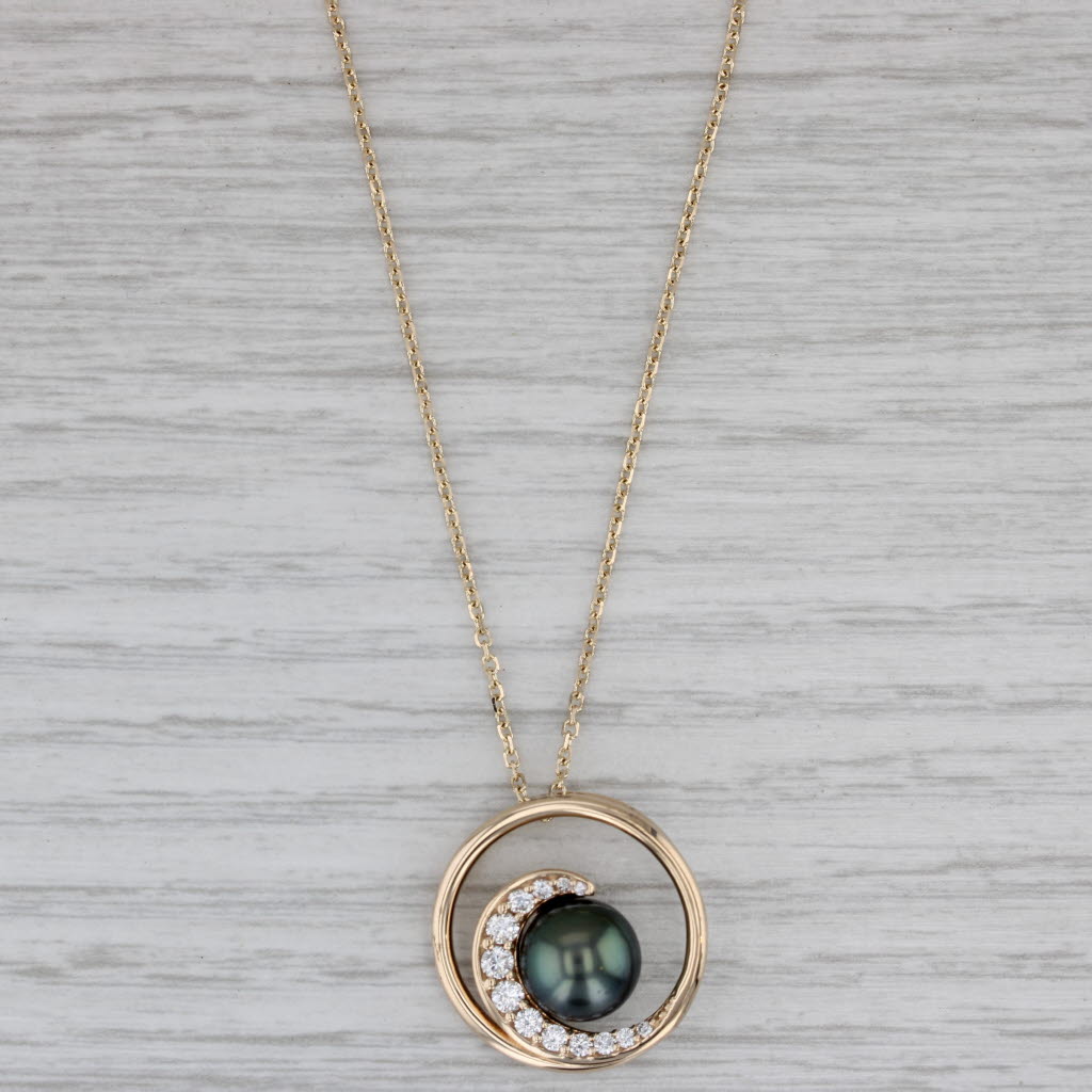 Gray Na Hoku Cultured Pearl Diamond Swirl Pendant w/ Boxes 14k Gold 17" Cable Chain
