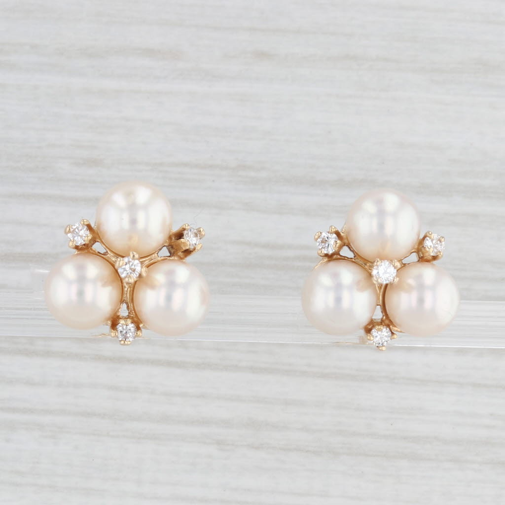 Light Gray Cultured Pearl Cubic Zirconia Cluster Stud Earrings 14k Yellow Gold