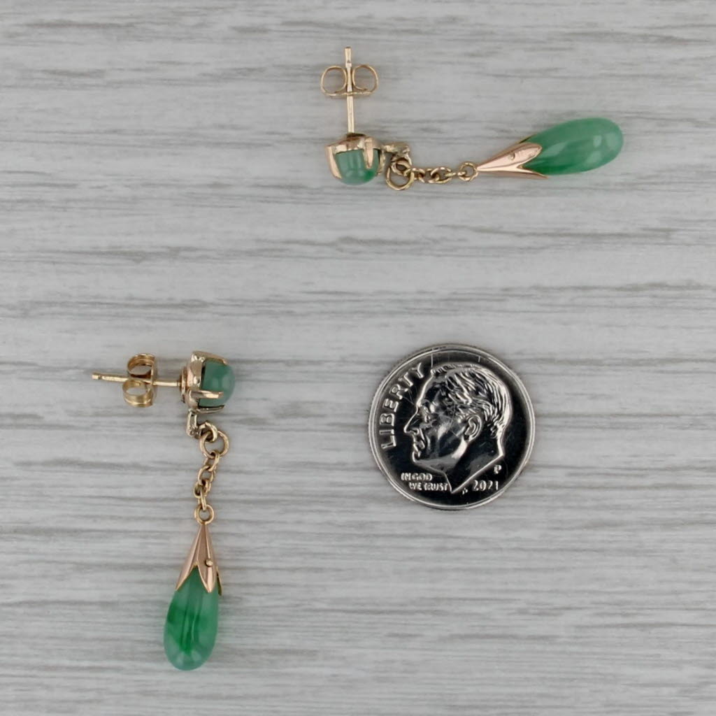 Green Jadeite Jade Cabochon Dangle Earrings 14k Yellow Gold Drops