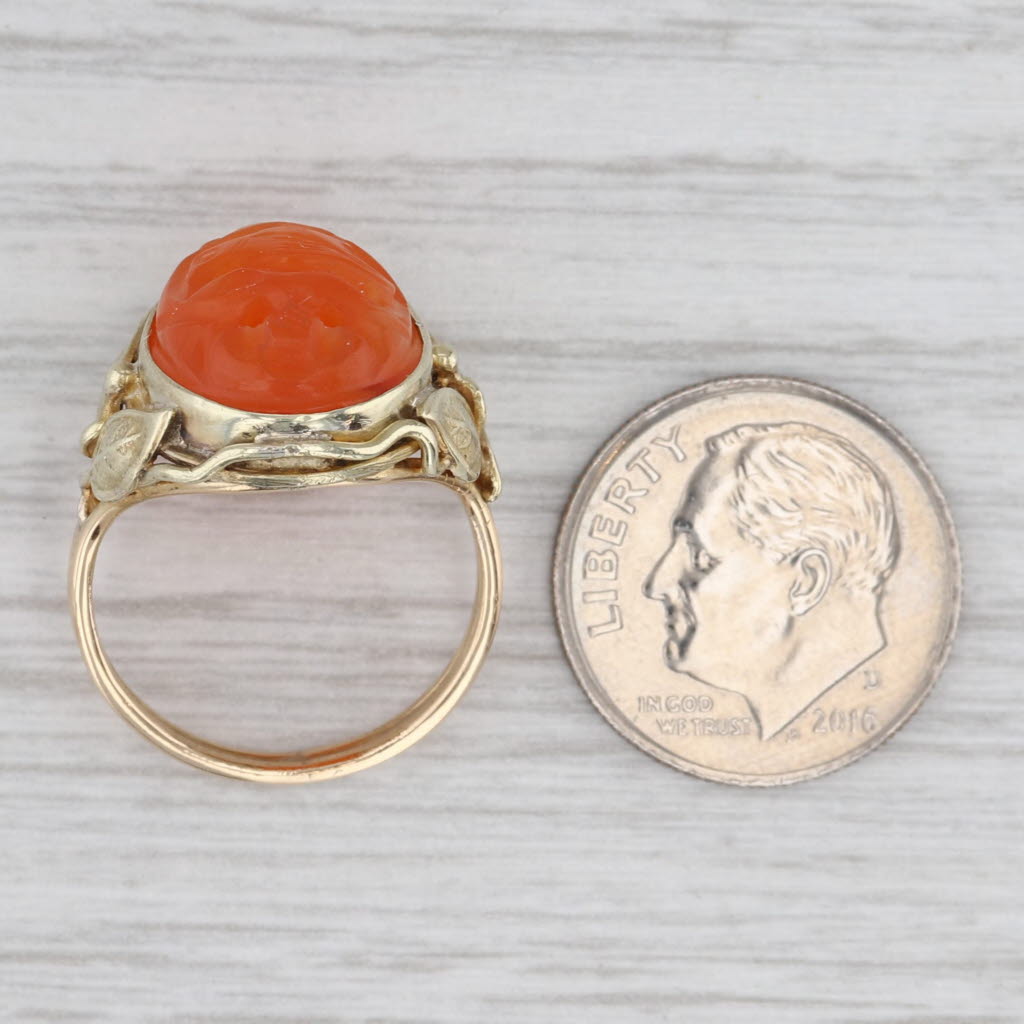 Light Gray Vintage Carved Carnelian Dragon Ring 14k Yellow Gold Leaf Accents Size 6