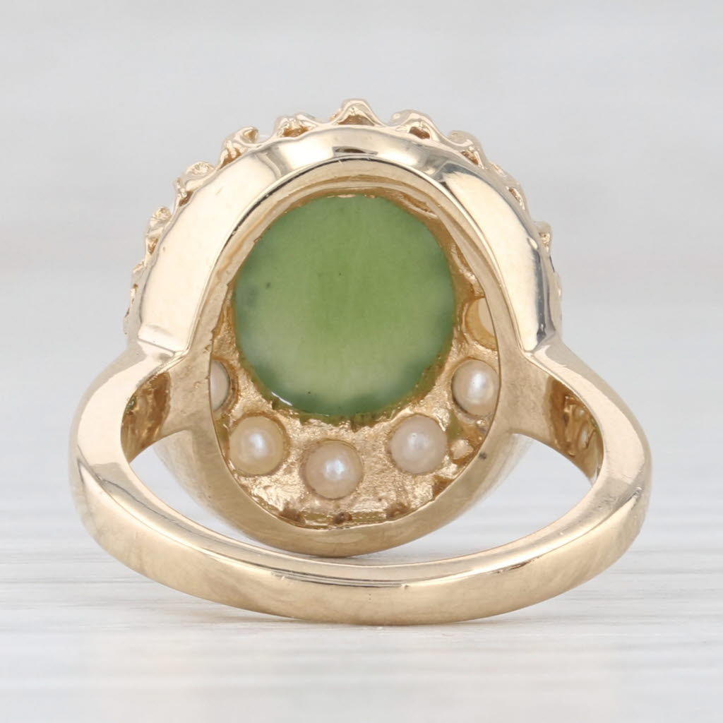 Light Gray Green Nephrite Jade Cultured Pearl Halo Ring 14k Yellow Gold Size 4.75