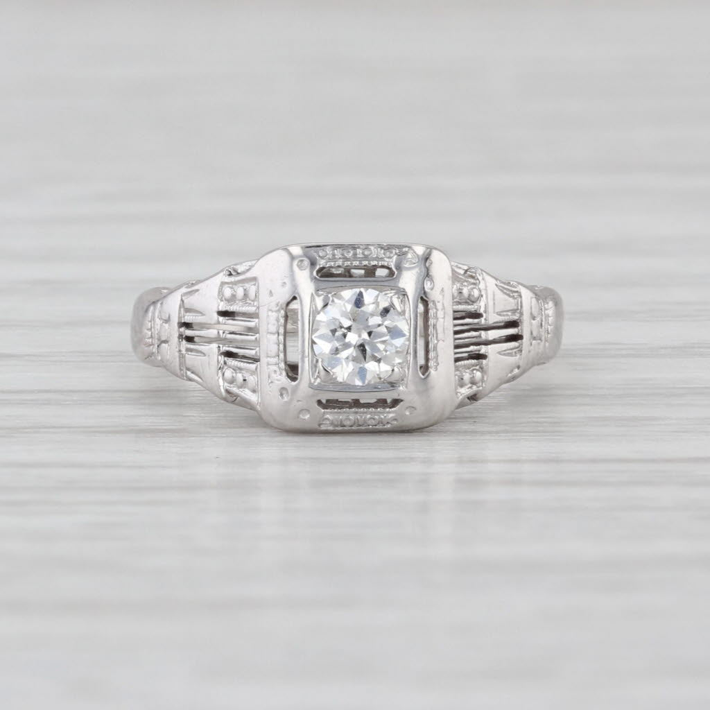 Art Deco 0.15ct Diamond Solitaire Engagement Ring 18k White Gold Filigree Size 2