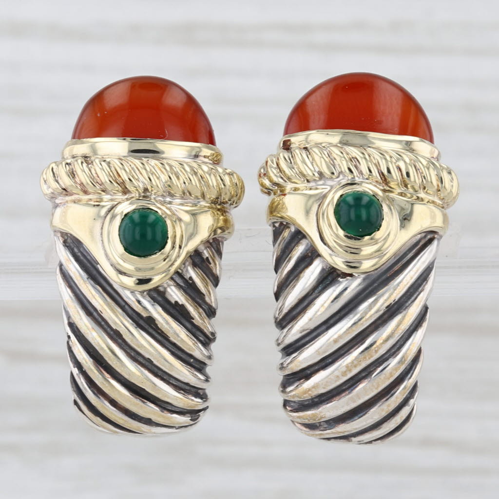 Yurman Carnelian Green Chalcedony J-Hook Earrings Sterling Silver 14k Gold