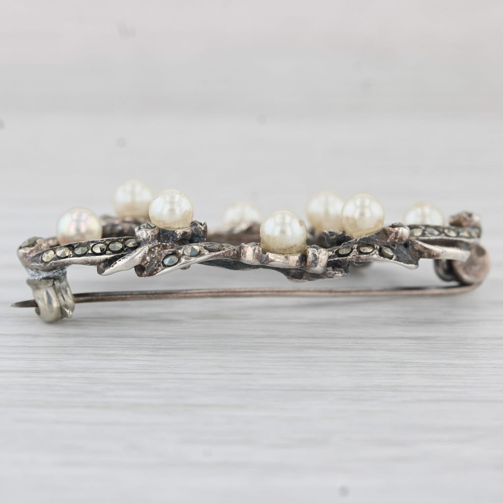 Light Gray Cultured & Imitation Pearls Marcasite Vintage Brooch Sterling Silver Pin