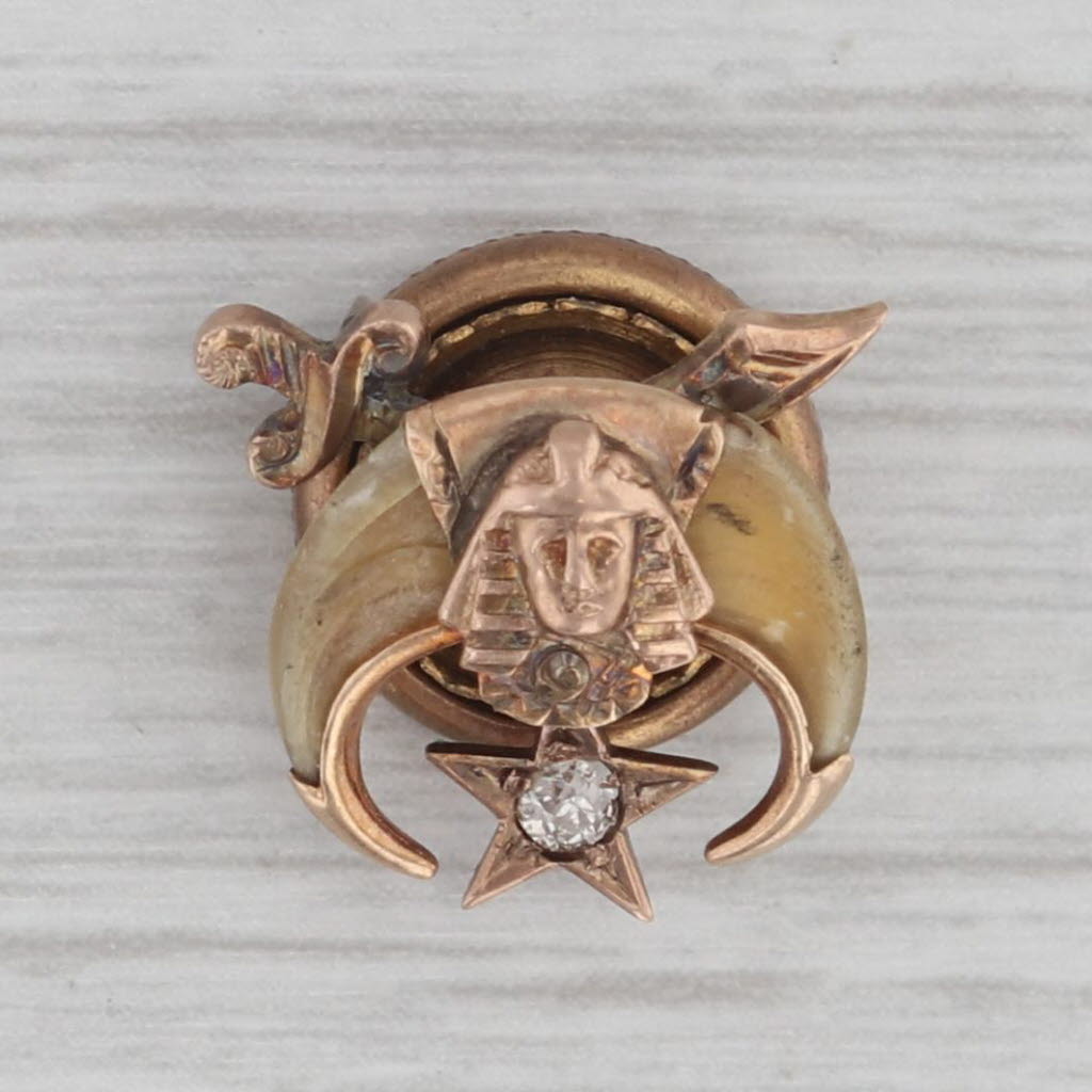 Gray Antique Shriners Masonic Pin 10k Gold Diamond Crescent Pharaoh Badge