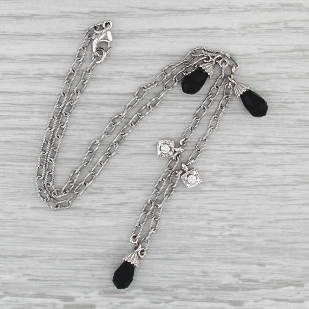 Onyx Diamond Drop Station Necklace 18k White Gold Cable Chain 15.5"