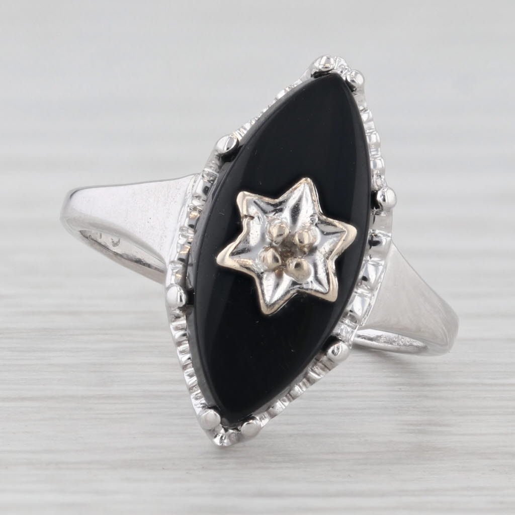 Light Gray Onyx Diamond Star Signet Ring 10k White Gold Size 4 Vintage