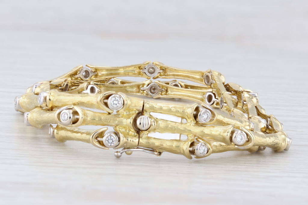 Light Gray Vintage 0.70ctw Diamond Bamboo Link Bracelet 18k Yellow Gold 6.5"