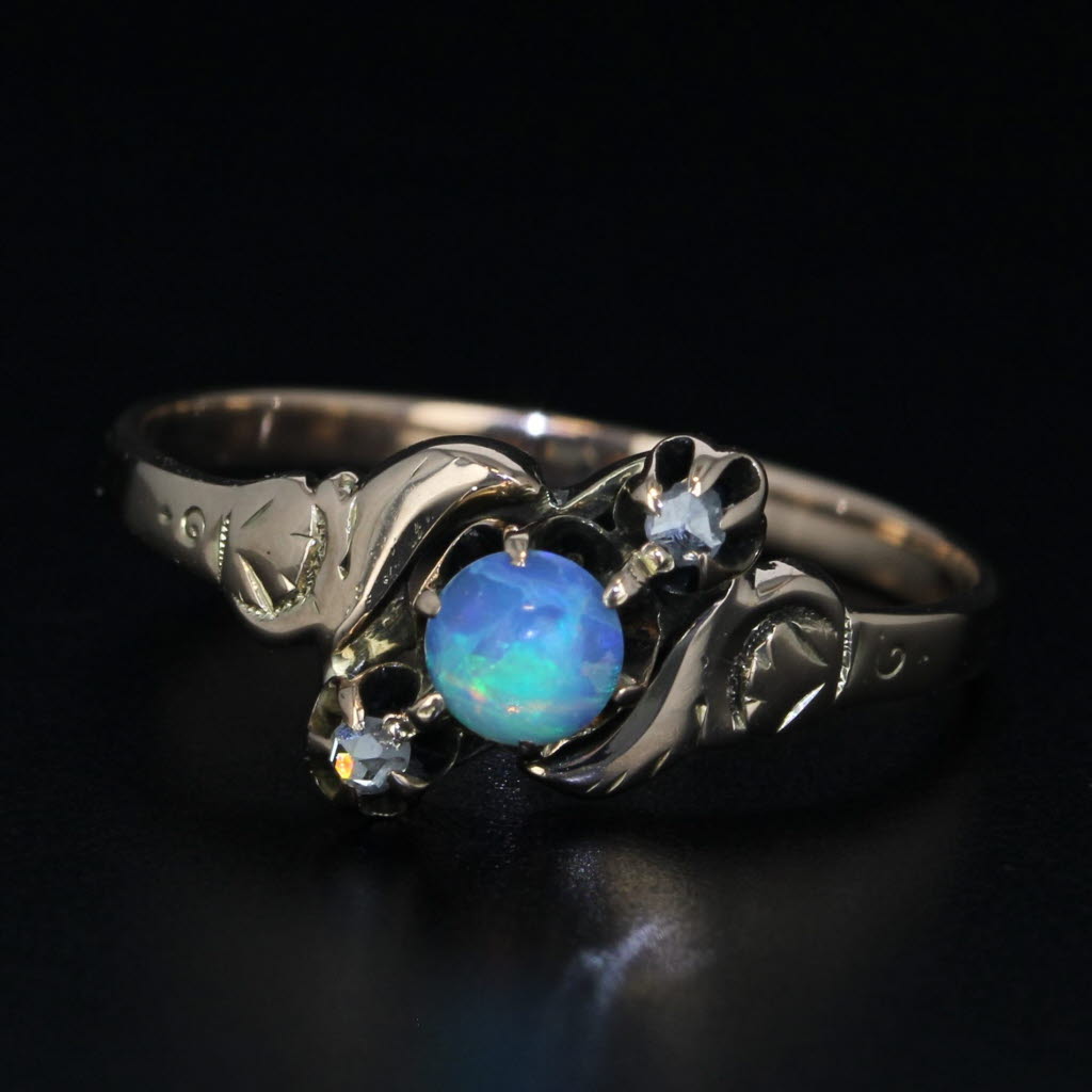 Black Antique Diamond Opal Bypass Ring 10K Yellow Gold Size 6.5