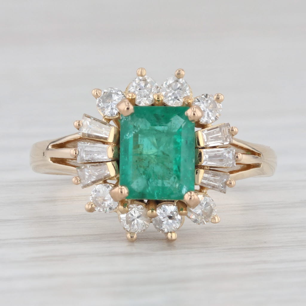 Light Gray Vintage 1.60ctw Emerald Diamond Halo Ring 14k Yellow Gold Size 8 Engagement