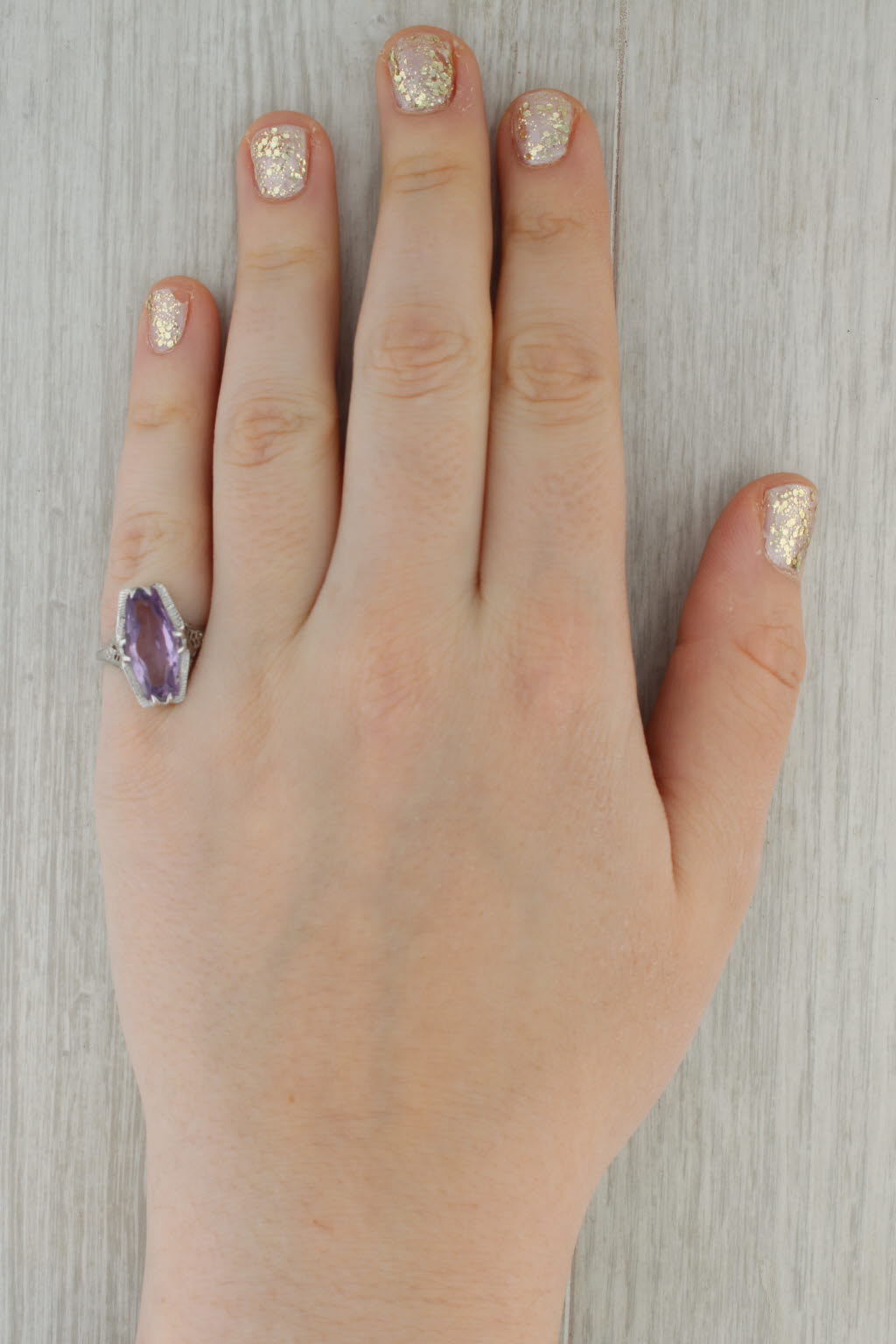 Rosy Brown Vintage Amethyst Solitaire Ring 14k White Gold Filigree Size 6.5