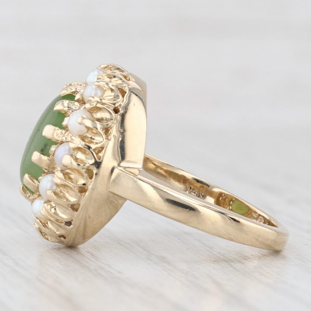 Light Gray Green Nephrite Jade Cultured Pearl Halo Ring 14k Yellow Gold Size 4.75