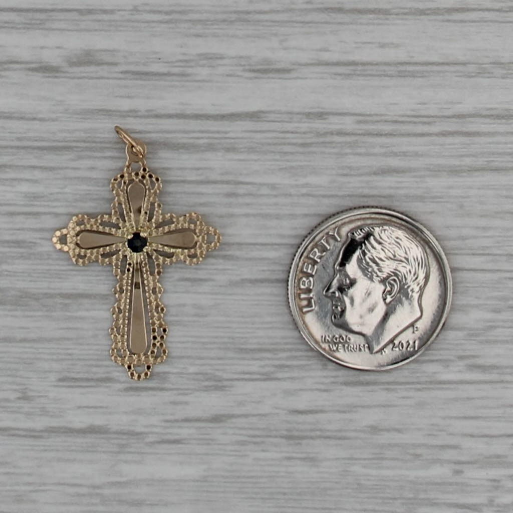 Sapphire Ornate Cross Pendant 14k Yellow Gold Thin Lightweight