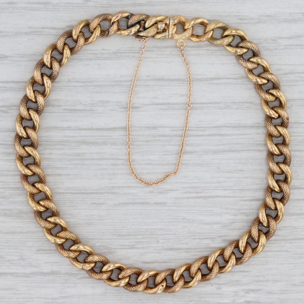 Gray Antique Curb Chain Bracelet 22k Yellow Gold 7.25" 5.7mm Box Clasp Safety Chain