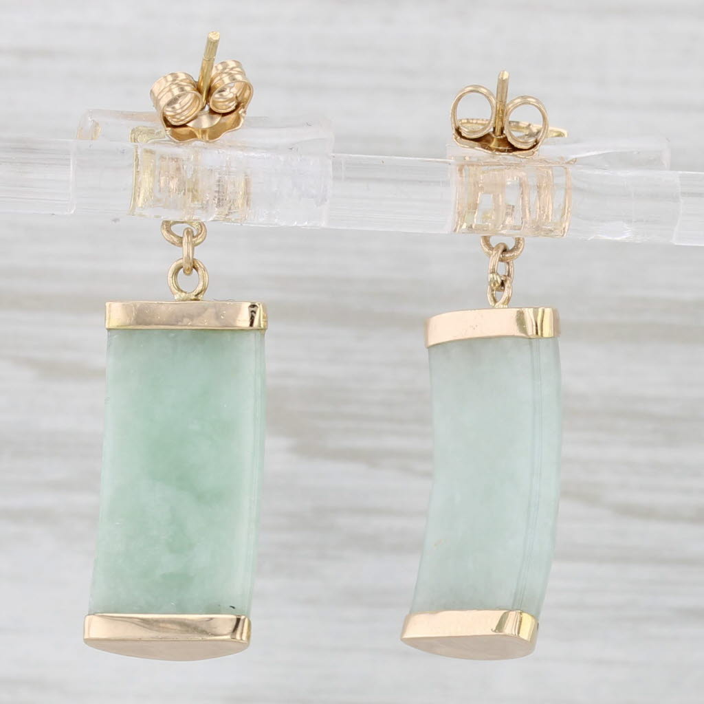 Light Gray Green Jadeite Jade Dangle Earrings 14k Gold Chinese Calligraphy Good Fortune