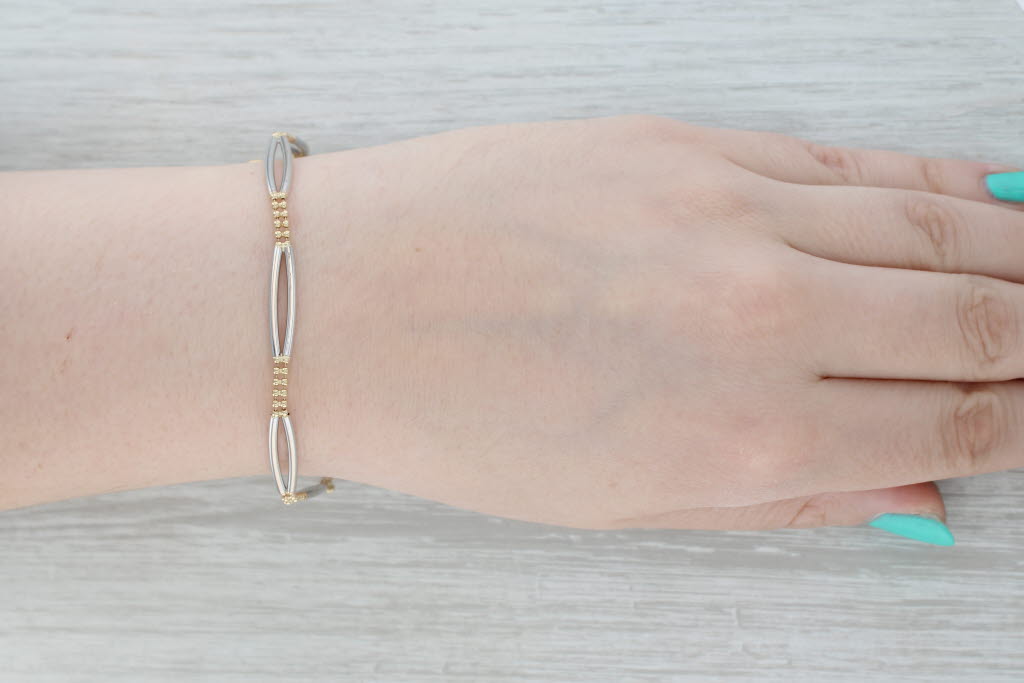 Gray Bar & Bead Link Bracelet 14k Yellow White Gold 6.5" 5.2mm