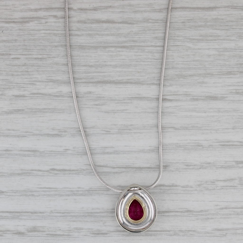 Gray 0.90ct Rubellite Tourmaline Teardrop Pendant Necklace 14k White Gold Snake Chain