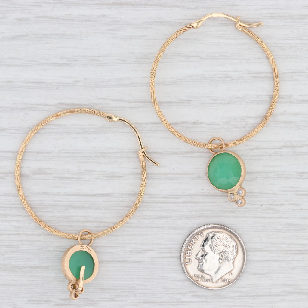 New Nina Wynn Hoop Earrings 18k Yellow Gold Diamond Green Chrysoprase Charms
