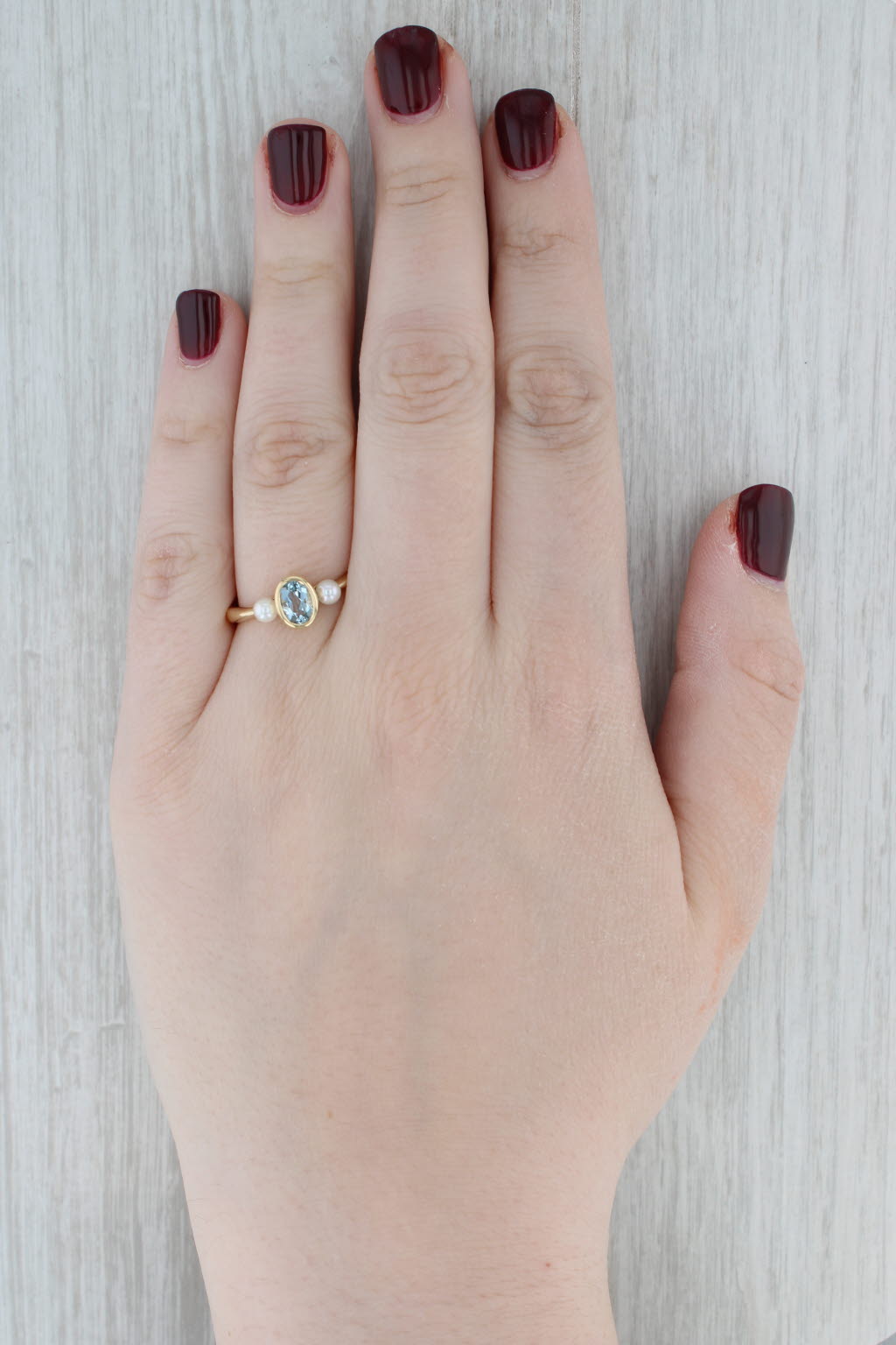 Gray Mikimoto 0.76ct Aquamarine Pearl Ring 18k Yellow Gold Size 9