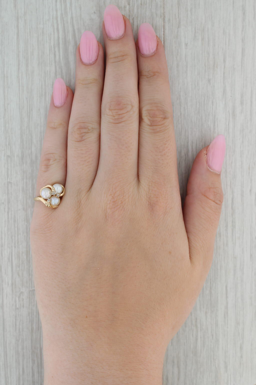 Dark Gray Cultured Pearl 3-Stone Diamond Ring 10k Yellow Gold Size 7.5