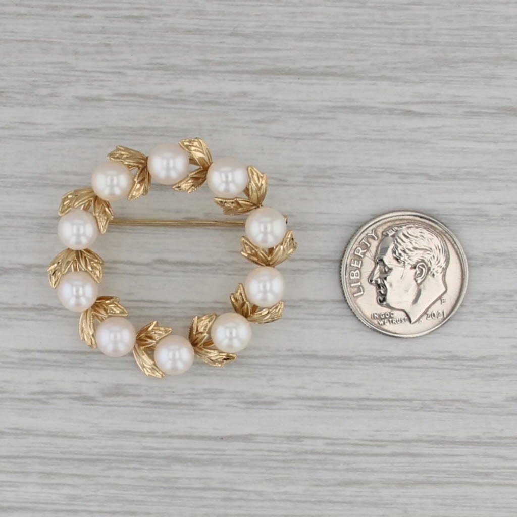 Mikimoto Cultured Pearl Wreath Brooch 14k Yellow Gold Floral Pin