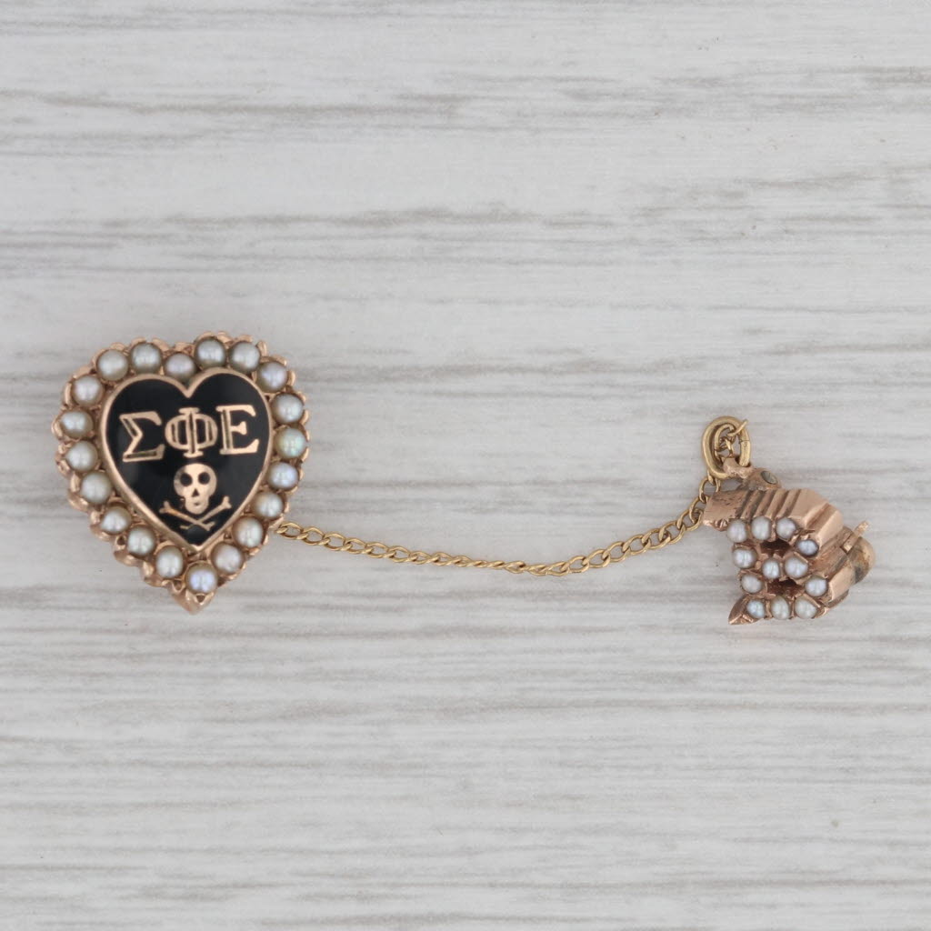 Gray Sigma Phi Epsilon Heart Badge 10k Gold Pearl Beta Guard Vintage Fraternity Pin