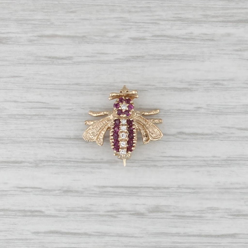 Vintage 0.30ctw Ruby Diamond Bee Pin 14k Yellow Gold Small Bug Brooch