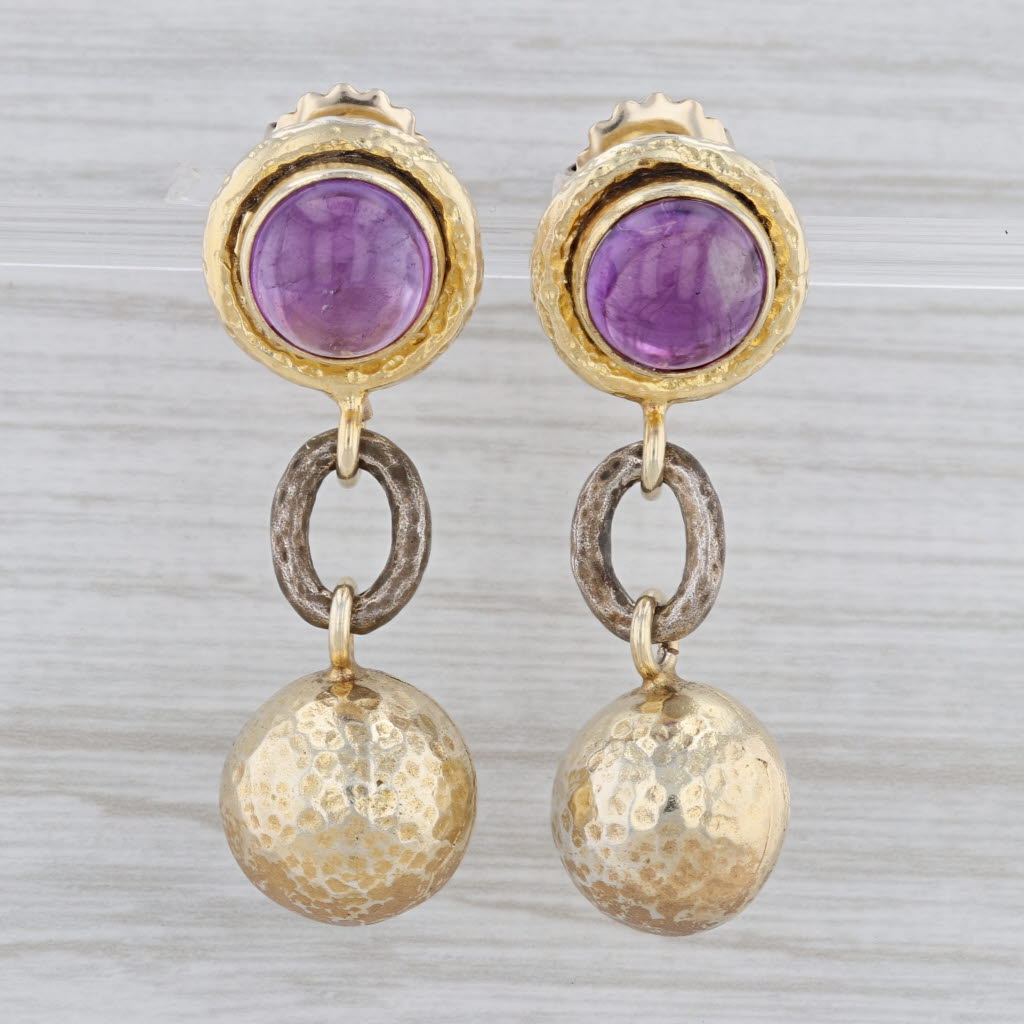 Gray Round Cabochon Amethyst Dangle Earrings Hammered Gold Plated Sterling Silver