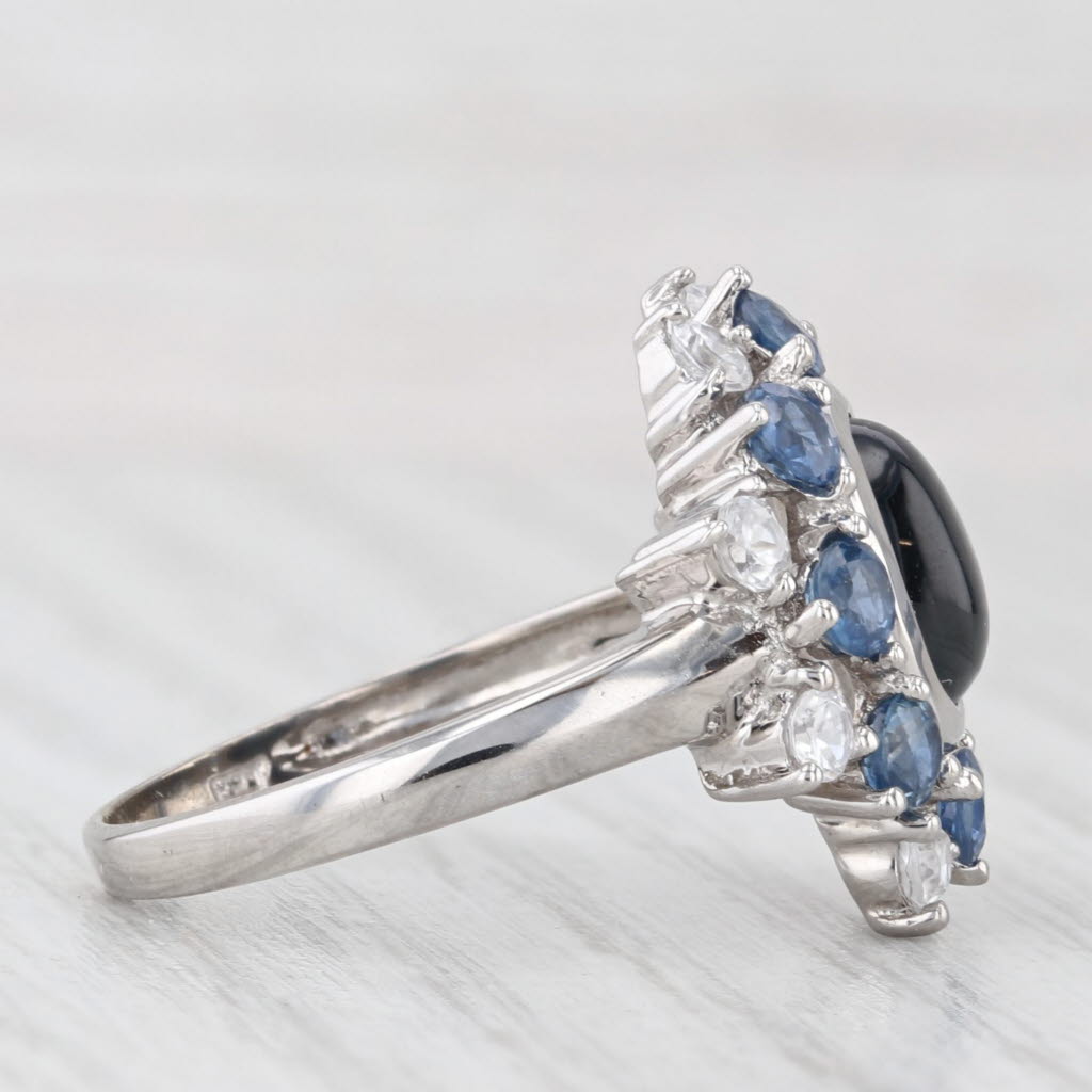 Light Gray Blue Cabochon Sapphire Zircon Halo Ring 10k White Gold Size 8