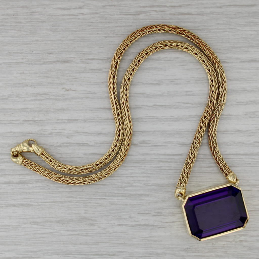 46.40ct Large Amethyst Pendant Necklace 18k Yellow Gold 19" Wheat Chain