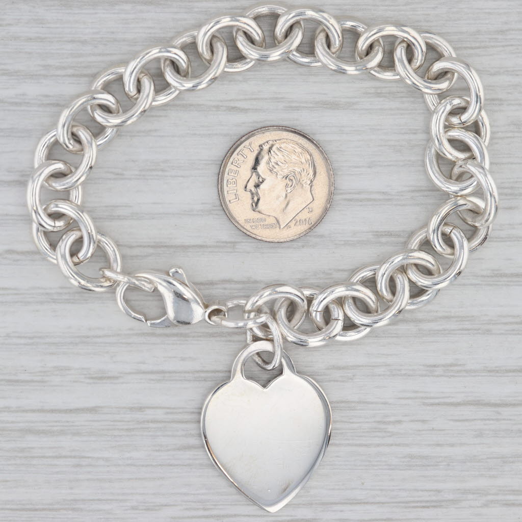 Gray Tiffany & Co. Engravable Heart ID Tag Charm Bracelet 6.5" Cable Chain 10mm