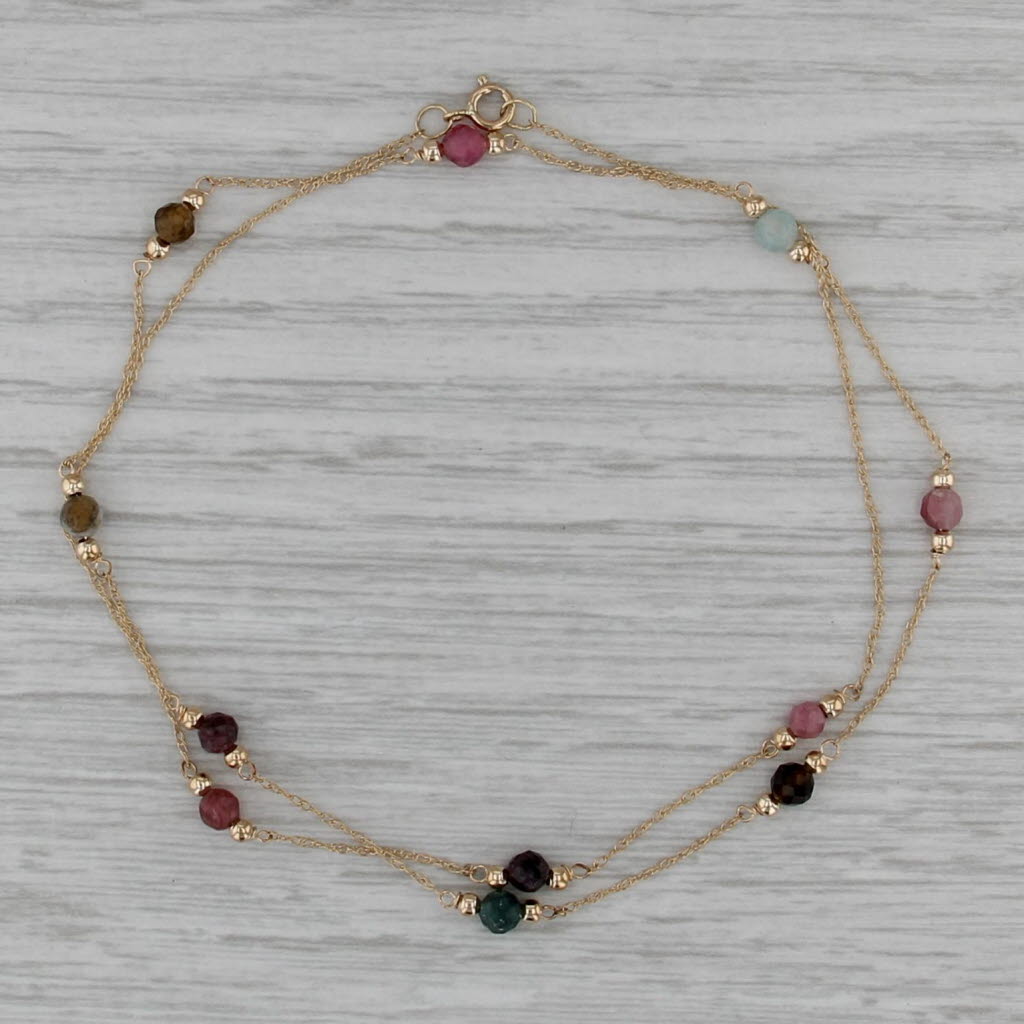 Gemstone Bead Station Necklace 14k Yellow Gold 16.25" Rope Chain