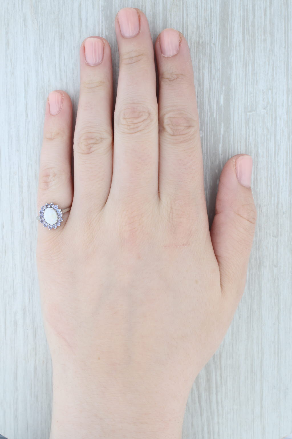 Light Gray Oval Opal Cabochon Tanzanite Halo Ring 14k White Gold Size 6.75