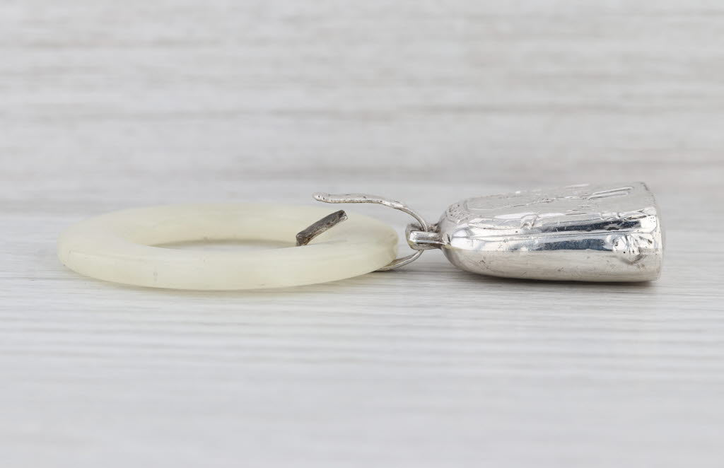 Antique Baby Teething Ring Bell Sterling Silver Resin Birth Record Engravable