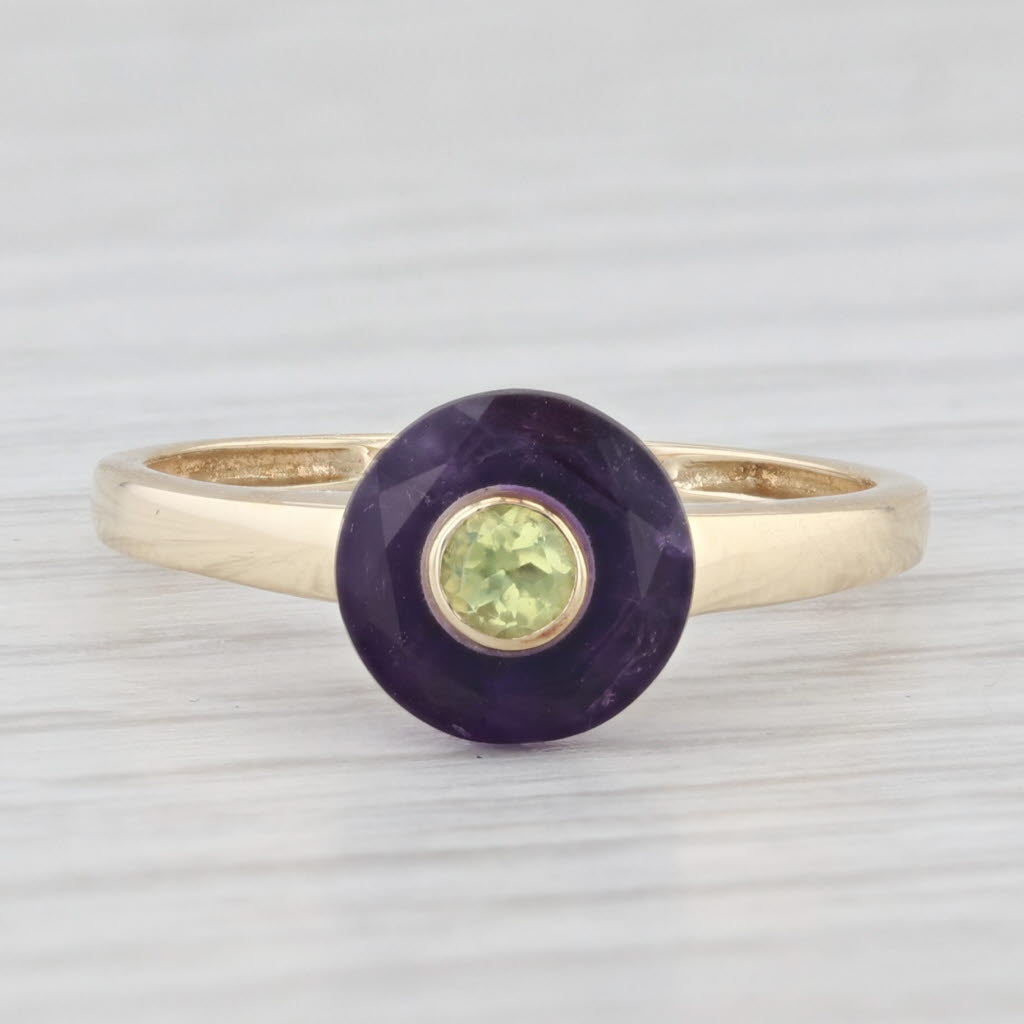 Light Gray Round Purple Amethyst Green Peridot Ring 14k Yellow Gold Size 6.25