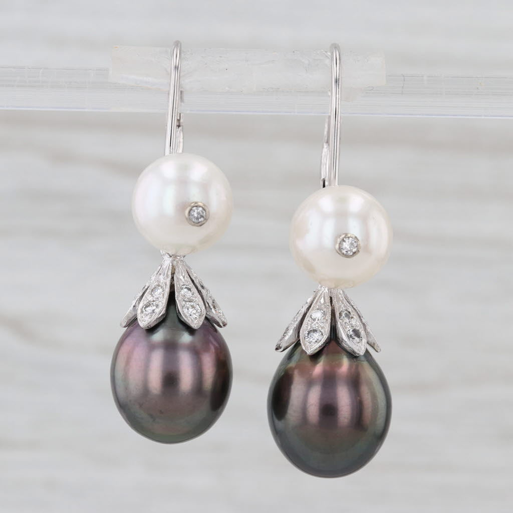 New Black White Cultured Pearl Diamond Dangle Earrings Sterling Silver Drops