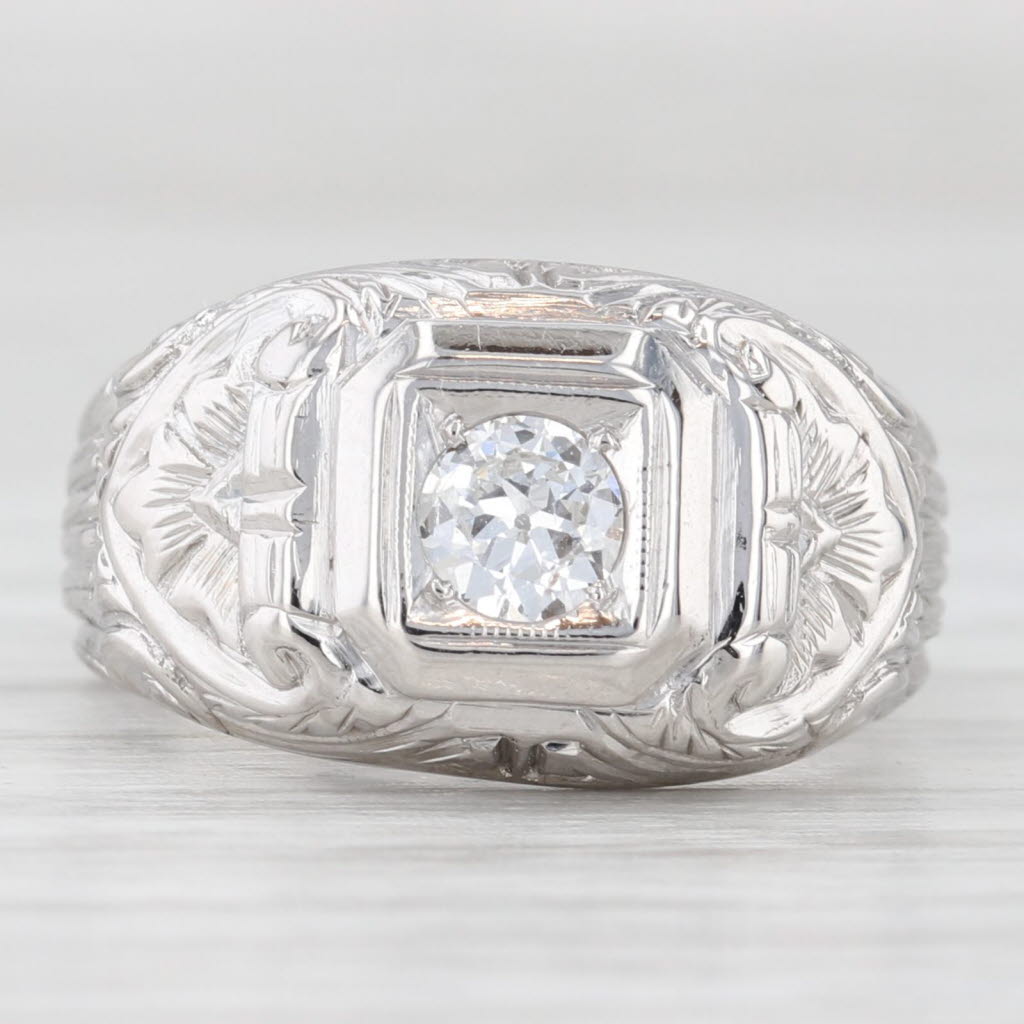 Light Gray Vintage 0.22ct Round Diamond Solitaire Engagement Ring 18k Gold Floral Size 4.75
