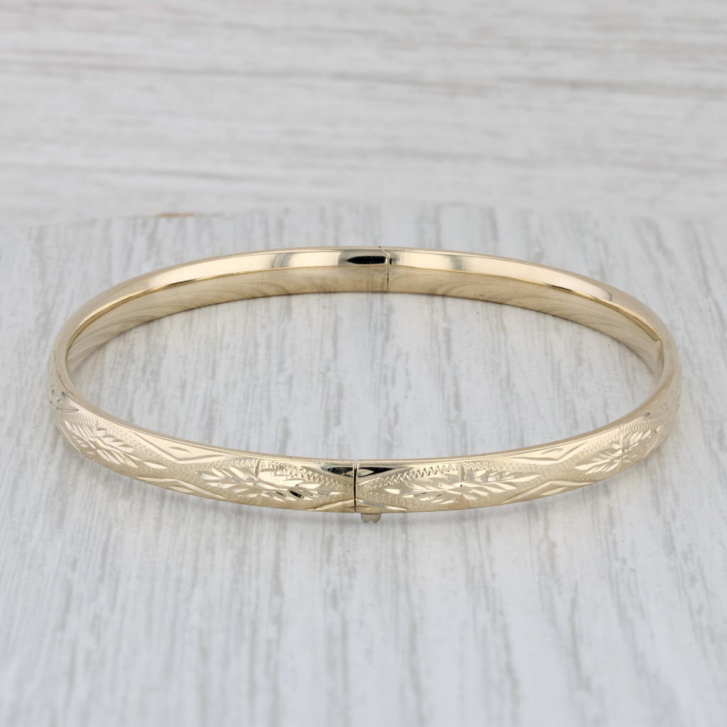 Gray Etched Bangle Bracelet 14k Yellow Gold 8" 5mm Milor Spain