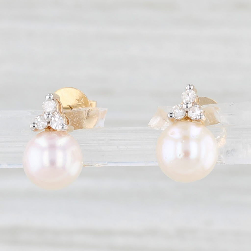 Light Gray New Cultured Pearl Diamond Stud Earrings 14k Yellow Gold