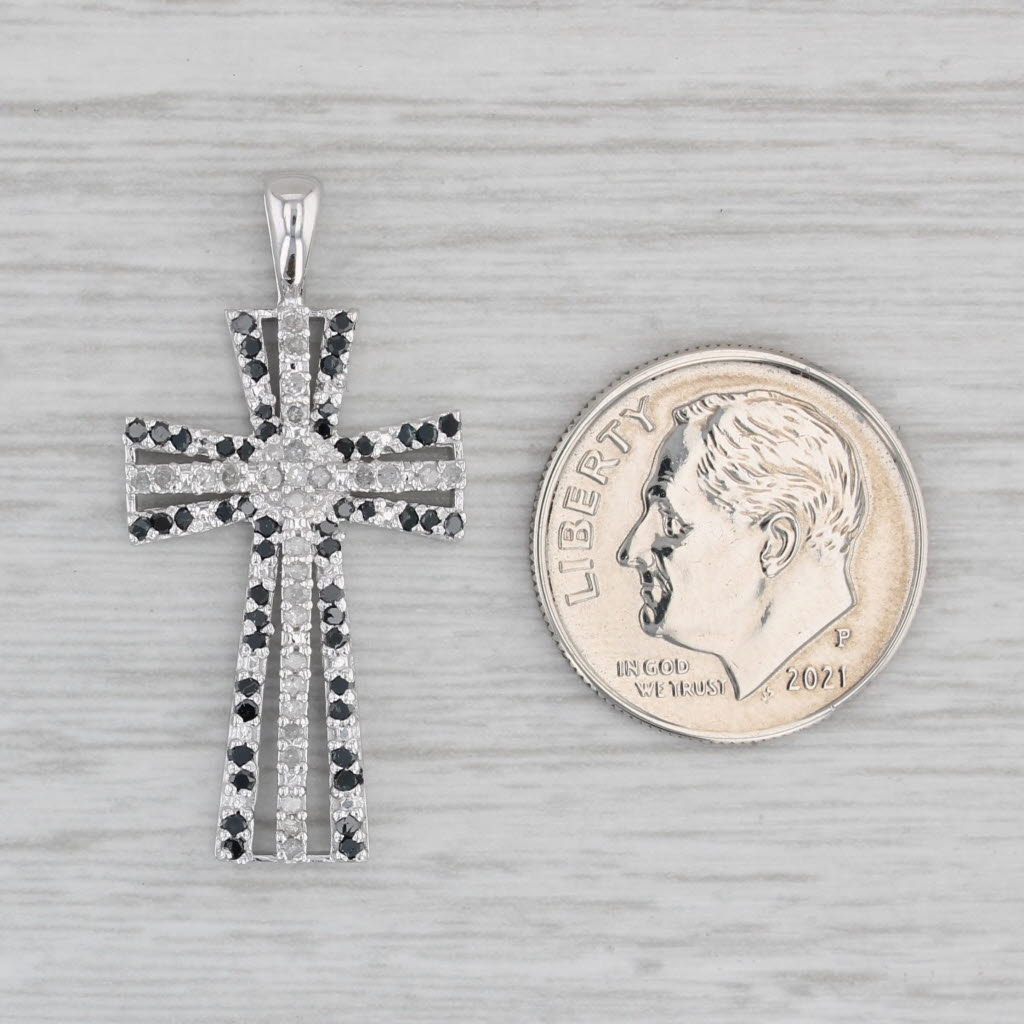 Gray 0.20ctw Black White Diamond Cross Pendant 10k White Gold