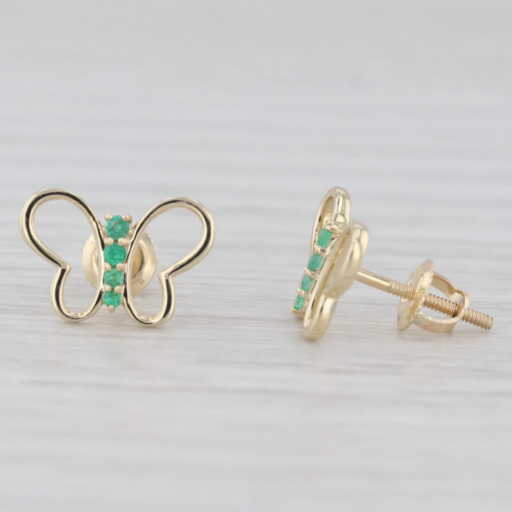 Light Gray New Emerald Butterfly Stud Earrings 10k Yellow Gold