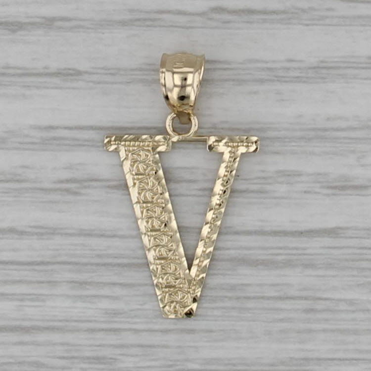 Etched Pattern Letter Initial "V" Pendant 10k Yellow Gold Drop