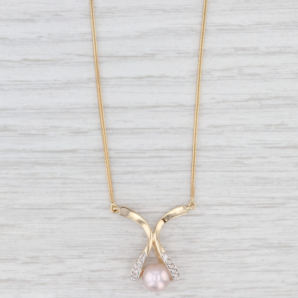 Light Gray Cultured Pearl 0.10ctw Diamond Pendant Necklace 14k Yellow 16.75" Wheat Chain