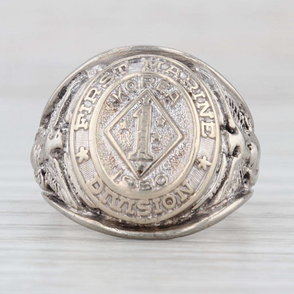 USMC 1st Marine Division Korea 1950 Ring 10k White Gold Size 9.75 Korean War