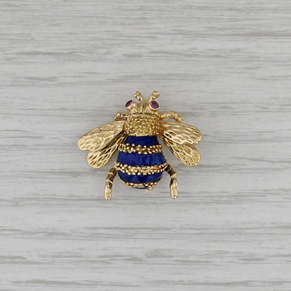 Ruby Eyed Bumble Bee Brooch 18k Yellow Gold Enamel Vintage Insect Bug Pin