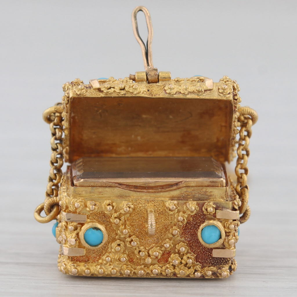 Gray Antique Bloodstone Turquoise Intaglio Treasure Chest Pendant Charm 20k Gold Open